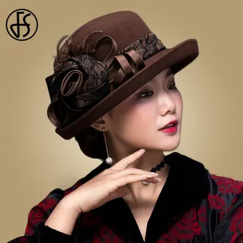 FS Epocă Neagră, de Lână, Pălării Cloche Wide Brim Fedora Hat Pentru Femei Floare Roșie de Fetru Maro de Iarna Capac Melon Chapeau Feutre Femme