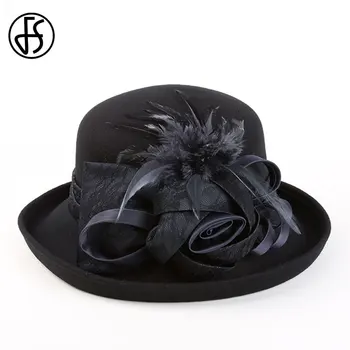 FS Epocă Neagră, de Lână, Pălării Cloche Wide Brim Fedora Hat Pentru Femei Floare Roșie de Fetru Maro de Iarna Capac Melon Chapeau Feutre Femme