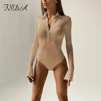 FSDA Maneca Lunga Negru Body Sexy Femei 2020 V Gât Butonul Slab Vladan Casual Toamna Iarna Corp Alb Topuri