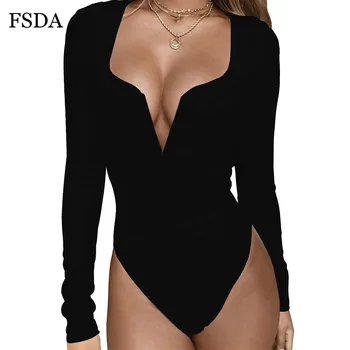 FSDA V Gatului Maneca Lunga Casual Femei Body Alb de Toamnă de Primăvară Corpul Top Femei Sexy Negru Birou Bodysuits