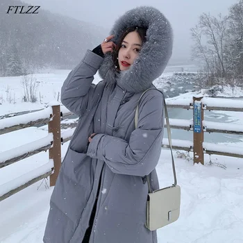 FTLZZ 2020 Iarna Femei Artificiale Mari de Blană cu Glugă Groasă Mult Jos Haina De 90% Alb Rață Jos Hanoracul Corn Butonul de Zăpadă Uza