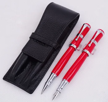 Fuliwen 2051 Roșu Metal Fantana Pix si Roller Pen cu Real din Piele Caz Creion Sac de Spălat piele de Vacă Caz Pen Holder Set de Scris