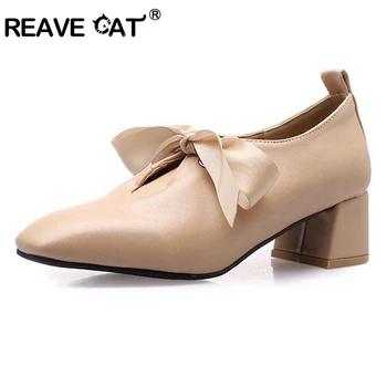 FURA CAT 2019 Nouă Primăvară Pantofi de vara pentru femeie Mijlocul tocuri deget de la picior Pătrat Papion dimensiuni Mari 30-45 Alb Negru Caise Casual Drăguț A1703