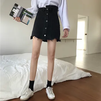 Fuste Femei Coreeană Stil Retro Singur Pieptul Fusta Mini Femei De Toate Se Potrivesc Denim Vânzare Fierbinte Elevii Harajuku Negru Solid Simplu