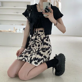 Fuste Femei Vara Fusta Mini Leopard Subțire Streetwear coreea Style All-meci Mare talie Epocă Femei Nou Elegant Chic Ins