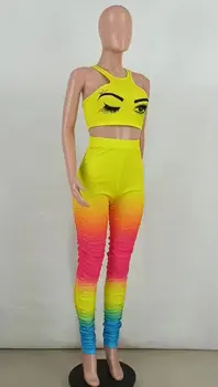 Fără mâneci Două Bucăți Femei de Vara Set Sexy Gât Culturilor Sus + Rainbow Mult Stivuite Pantaloni de Moda Casual Femei de Îmbrăcăminte, S-3XL