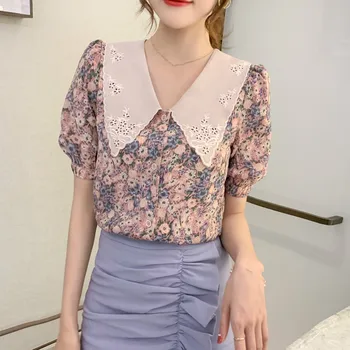 Gagaok Femei Office Lady Cămașă de Vară 2020 Peter Pan Guler mâneci Volane Print Floral Chic Dulce Sălbatic Topuri si Bluze