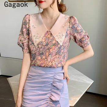 Gagaok Femei Office Lady Cămașă de Vară 2020 Peter Pan Guler mâneci Volane Print Floral Chic Dulce Sălbatic Topuri si Bluze