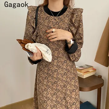 Gagaok Vintage-Linie Coreea Femei Rochie 2020 Primavara Toamna O Noi Gât Volane Midi Rochii Cu Imprimeuri Chic Slim Sălbatice Vestidos K4038