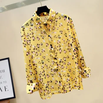 Galben Femei Bluze de Imprimare Șifon Bluza 2020 Zână Nou de Turn-down Guler Maneca Lunga Tricouri Femei Subțire de protecție Solară Tricou Blusas