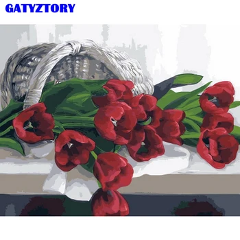GATYZTORY Încadrată de BRICOLAJ, Pictura De Numere Handpainted Pictură în Ulei Roșu Flori Kituri de Vopsea de Numere De Arta de Perete Moderne Imagine