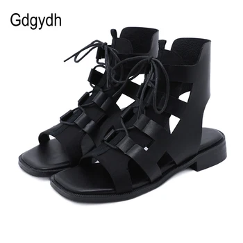 Gdgydh Lace-Up Gladiator Sandals Pătrat Deget De La Picior Deschis 2020 New Sosire Low-Toc Pantofi De Vara Pentru Femei Black Punk Backsling Vintage