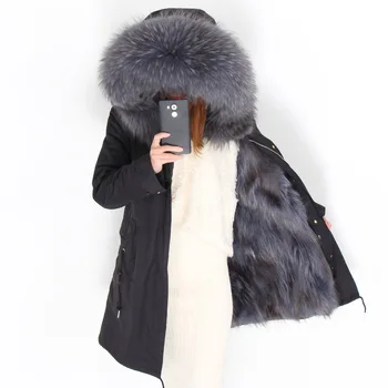 Geaca de iarna Femei Haină de Blană de vulpe Timp Hanorac Îmbrăcăminte exterioară Parka Naturală de Raton Guler de Blană Capota fox linie jacheta Streetwear