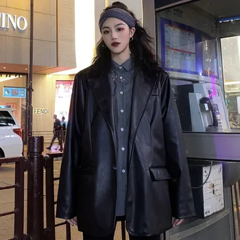 Geaca de piele pentru Femei-Negru Vintage sex Feminin coreeană Sacouri Largi Maneca Lunga Moda Streetwear Primavara Toamna PU Haina 2021 Casaco
