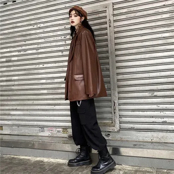 Geaca de piele pentru Femei-Negru Vintage sex Feminin coreeană Sacouri Largi Maneca Lunga Moda Streetwear Primavara Toamna PU Haina 2021 Casaco