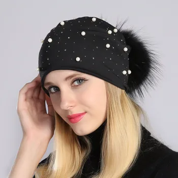 Geebro pentru Femei Brand Pom Pom Pearl Beanie Hat Primavara Casual Poliester Strălucire de Pietre Căciuli Pentru Femei Craniu Pălării Bonnet Capac