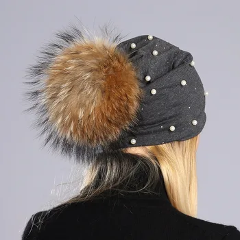 Geebro pentru Femei Brand Pom Pom Pearl Beanie Hat Primavara Casual Poliester Strălucire de Pietre Căciuli Pentru Femei Craniu Pălării Bonnet Capac