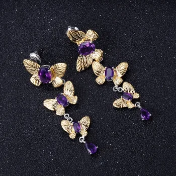 GEM de BALET 6.89 Ct Naturale Ametist Handmade Fluture Bijuterii Fine de Argint 925 Inel Cercei Seturi de Bijuterii Pentru Femei
