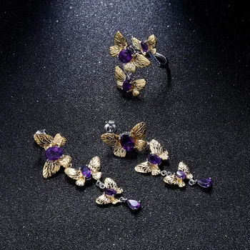 GEM de BALET 6.89 Ct Naturale Ametist Handmade Fluture Bijuterii Fine de Argint 925 Inel Cercei Seturi de Bijuterii Pentru Femei