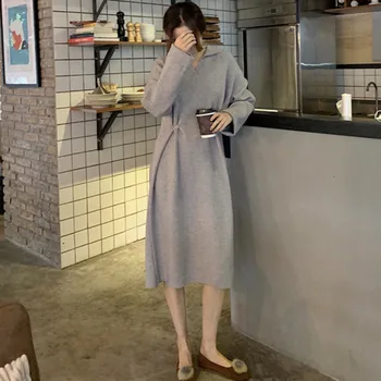 Genayooa Iarna Midi Rochie Mâneci Lungi Rochie Din Tricot De Bumbac Negru Rochie Pulover Femei Elegante Solid Vestidos Mujer Stil Coreean