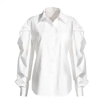 GetSpring Femei Bluza Alba de Bumbac Tricou Retro Femei Tricou Manșon de Puf de Epocă Bluza Vrac Mult Doamnelor Topuri Cu PU Wasitband