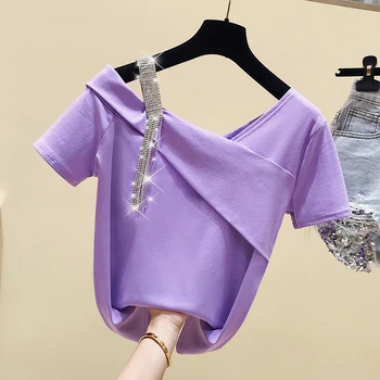 Gkfnmt Maneci Scurte Slash Gât T Cămașă Femei Haine de Vară 2020 Topuri Tricou Violet Galben T-Shirt-coreean Sexy Tricou Femme