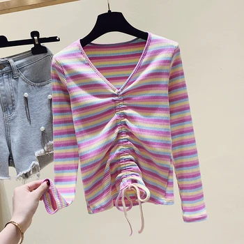 Gkfnmt V-Neck Maneca Lunga Tricou Femei 2020 Primavara Toamna Topuri Tricot cu Dungi Blusa Teuri de sex Feminin Casual Dantela Roz T-Shirt
