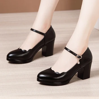 GKTINOO 2020 Femei Pompe Confortabile din Piele Pantofi cu Toc Femei Rotund Toe Casual cu Toc Gros Pantofi Office Alb-Negru