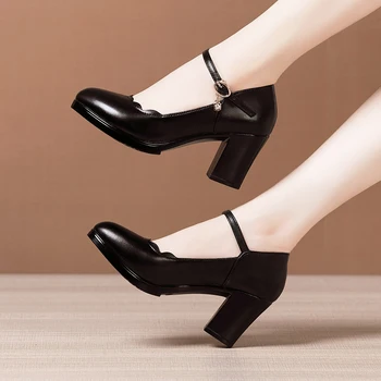 GKTINOO 2020 Femei Pompe Confortabile din Piele Pantofi cu Toc Femei Rotund Toe Casual cu Toc Gros Pantofi Office Alb-Negru