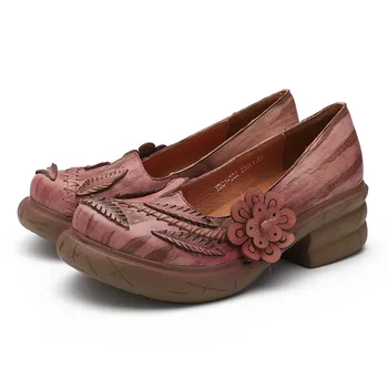 GKTINOO Design Original Femei Pompe de Pantofi din Piele Rotund Toe Flori Platforma Lady Vintage Handmade Casual Med Tocuri Pantofi