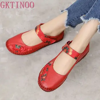 GKTINOO Moda de Primăvară Floare de Design Rotund Deget de la picior Moale Fundul Plat Pantofi Vintage din Piele pentru Femei Balerini Fata Haimana de Mari Dimensiuni
