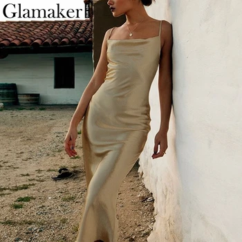 Glamaker Satin gold backless sexy bodycon rochie lunga pentru Femei de vară dantelă albă rochie de petrecere Elegante, feminine maxi club rochie de plaja