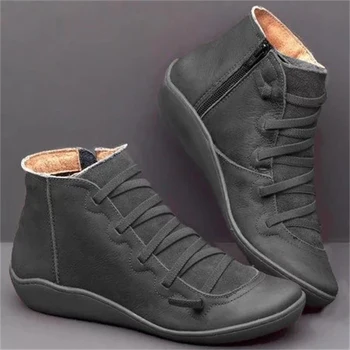 Glezna Cizme Femei 2020 Culoare Solidă Retro Plat Cizme de Iarnă în aer liber Pantofi Casual din Piele PU cu Fermoar Cizme Scurte Femei Încălțăminte