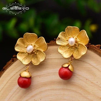 GLSEEVO Handmade Naturale Piatra Roșie Legăna Cercei Pentru Femeile de Apă dulce Pearl Cercei Handade Floare Bijuterii Vintage GE0041
