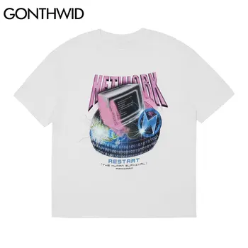 GONTHWID Teuri Topuri Punk Rock Gotic Harajuku Hip Hop Bărbați Fulger Pământ TV Imprimare Streetwear Bumbac Casual cu Maneci Scurte T-Shirt