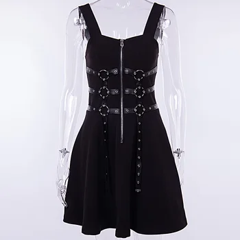 Goth Întuneric rochie de femei ajur web fermoar harajuku mini rochii grunge Vară 2020 fără mâneci fara spate o-linie sexy punk rock