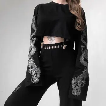 Gothic Punk Fata Cool Dragon Model de tricouri Maneca Lunga Bretele Femei T-Shirt Echipajul Gât Negru de Sus a Culturilor de Toamnă Pulover