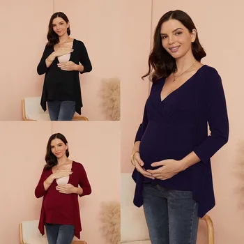 Gratuit Nava haine de Maternitate Sarcina Bluza Maternitate одежда для беременных Toamna Solid V-neck mamele care Alăptează cămașă Top
