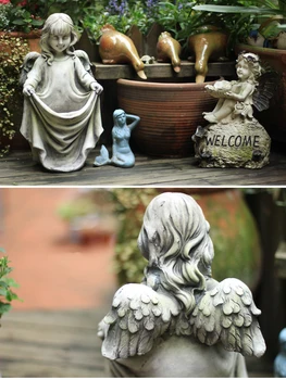 Grădină Înger Drăguț Fată Trăgând-O De Fustă Statuie Curte Balcon Figurine Mobilier Acasă Decor Europene Înger Caractere Ghiveci