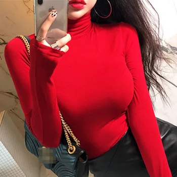 Guler Slim Tricouri Femei Spring Red Camasa Cu Maneca Lunga Topuri Gât Înalt De Bază Necăptușit Superioară Cămașă De Moda Coreea De Haine De Femei