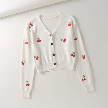 H. S. a. 2020 Femei Pulovere Cherry Broderie Butonul up Drăguț Ponchoes Toamna de Moda coreeană Deschide Cusatura Tricot Jacket Sueter Mujer
