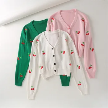 H. S. a. 2020 Femei Pulovere Cherry Broderie Butonul up Drăguț Ponchoes Toamna de Moda coreeană Deschide Cusatura Tricot Jacket Sueter Mujer