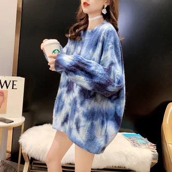H. S. a. Femei Casual Pulover Tricot Pulovere Supradimensionate Timp Chic coreean Pulover Topuri Tie Dye Trage Pulovere Femei pulover tricotate