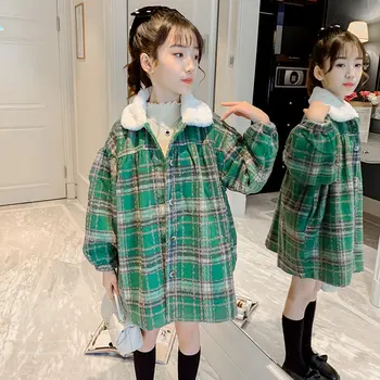 Haina de iarna Pentru Fete Groase de Lână Sacou Stil coreean Carouri Verde de Toamna pentru Copii Îmbrăcăminte de Moda Haine de Adolescente 6 8 10 12ani