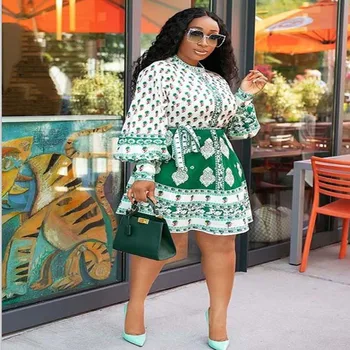 Haine Africane Echols Maneca Lunga Rochie A-Line Femei Vintage Imprimate De Înaltă Centura De Talie Mini Rochie Sundress Nou Toamna Partyclub
