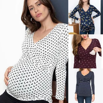 Haine de maternitate V-neck Maneca Lunga Volane Imprimate Bluza Maternitate Topuri Sarcinii Tricou Alăptează Sus Ropa Premama Embarazadas