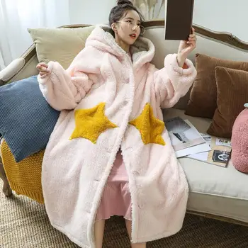 Haine Femei Mari Dimensiuni Iarna Mozaic Stele Buzunar Fete Dulci Femei Stil Coreean Flanel Moale Confortabil Halat De Baie Homewear