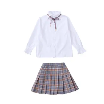 Haine fete Fete Seturi de Vară 2020 Îmbrăcăminte pentru Copii Seturi din Două Piese, Seturi haine copii Bluza Șifon Bowknot Fusta Carouri 4-13
