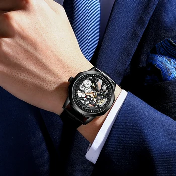 HAIQIN 2020 Schelet ceas barbati Automatic barbati ceas Mecanic de brand de Lux Hollow men;s ceas de mână din Piele rezistenta la apa Tourbillon