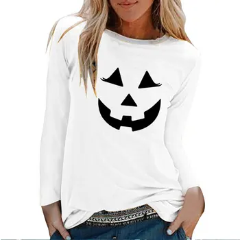 Halloween Emoție Zâmbet Imprimat cu Maneci Lungi T-shirt Femei Toamna Iarna 2020 Camasi pentru Femei Casual Alb O Grafica Gât Tees